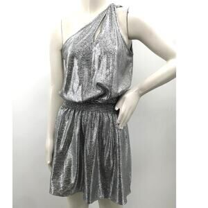 Ramy Brook Nadya Silver Metallic One Shoulder Smocked Mini Dress M